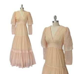 Gunne Sax Pink Peachy Maxi Dress Size 11 S Vintage 70s Overlay Sleeves Prairie